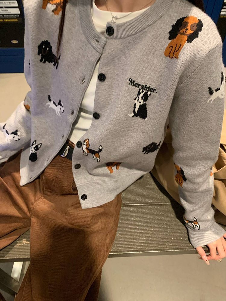 2024 American Vintage Dog Embroidery Knitted Cardigan Sweater for Women, Slimming Autumn Short Jacket, Cozy Y2K Style