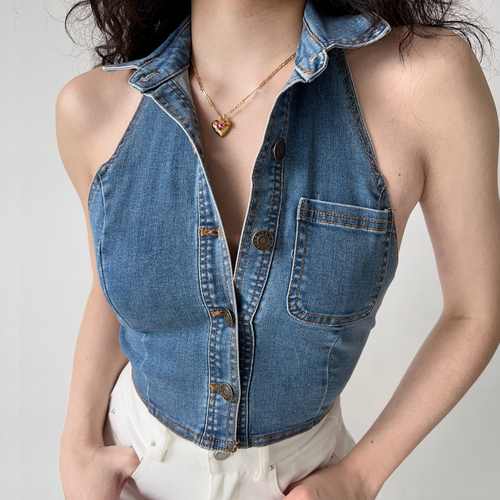 Backless Halter Denim Vest - Retro European American Style Women's Short Top, Sexy Lapel Outerwear for Trendy Looks