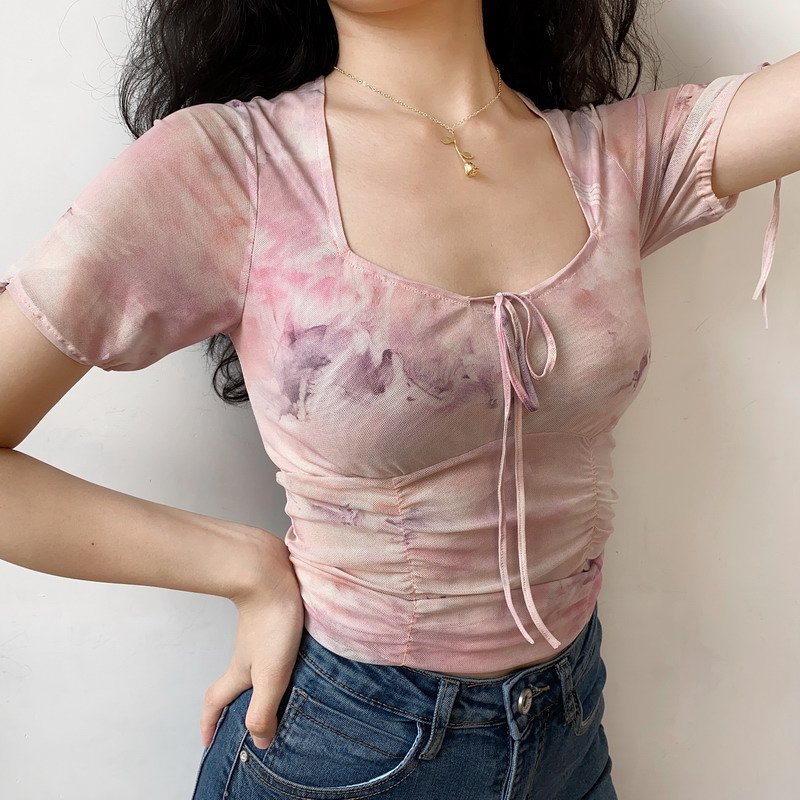 Ballet Style Dreamy Printed Mesh Sheer Bow Pleated Short Sleeve T-shirt for Women - Y2K Fashion Essentials