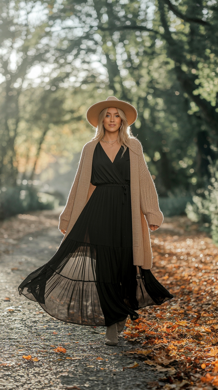 Black Maxi Dress Outfit Ideas Fall: Versatile and Chic outfit idea