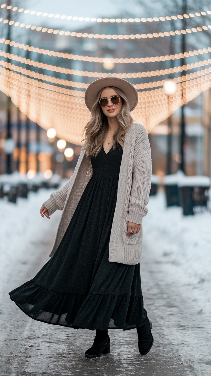 Black Maxi Dress Outfit Ideas Winter: Cozy and Elegant outfit idea