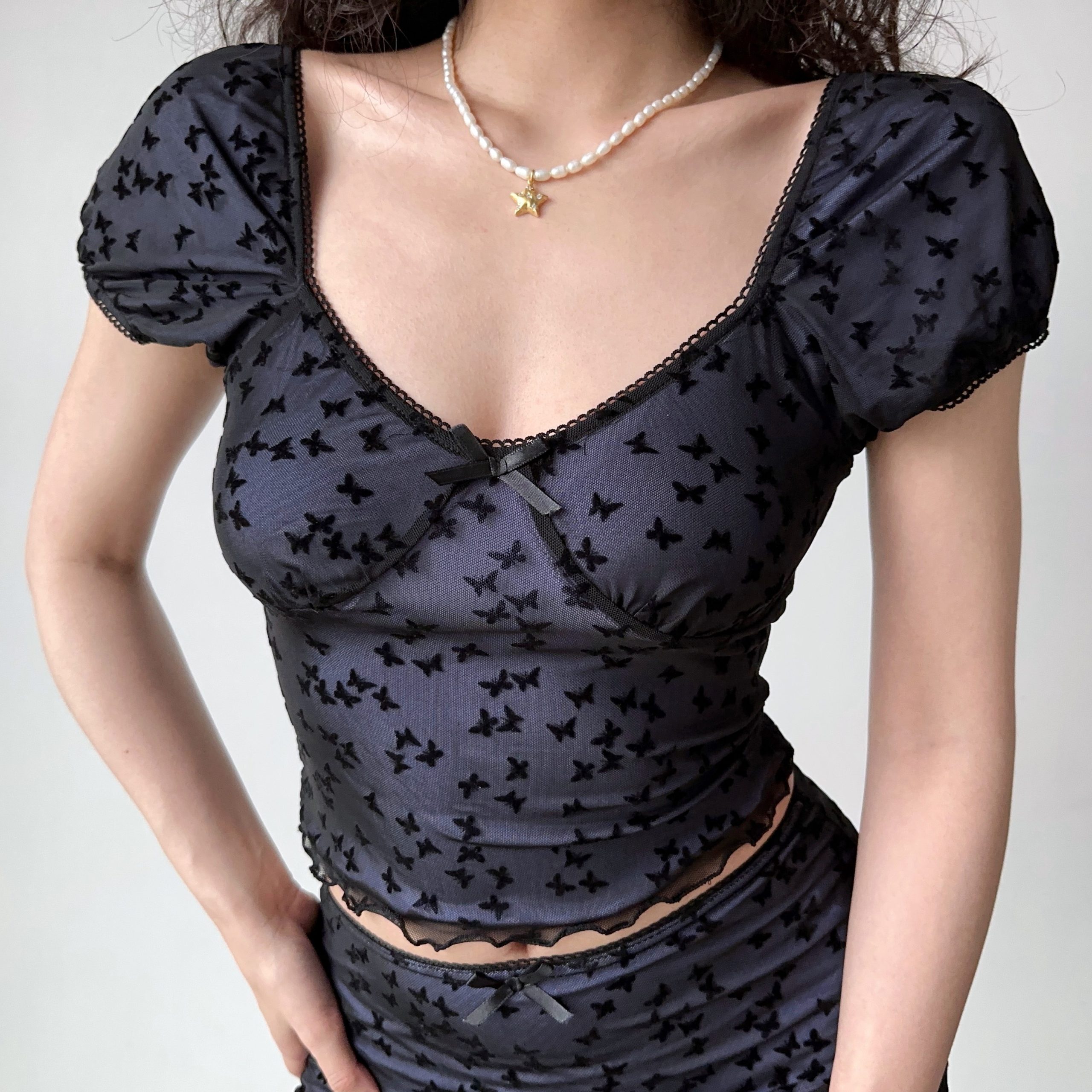 Butterfly Mesh Short Sleeve Top & Bodycon Skirt Two-Piece Set - DIY European & American Style Women’s Fashion