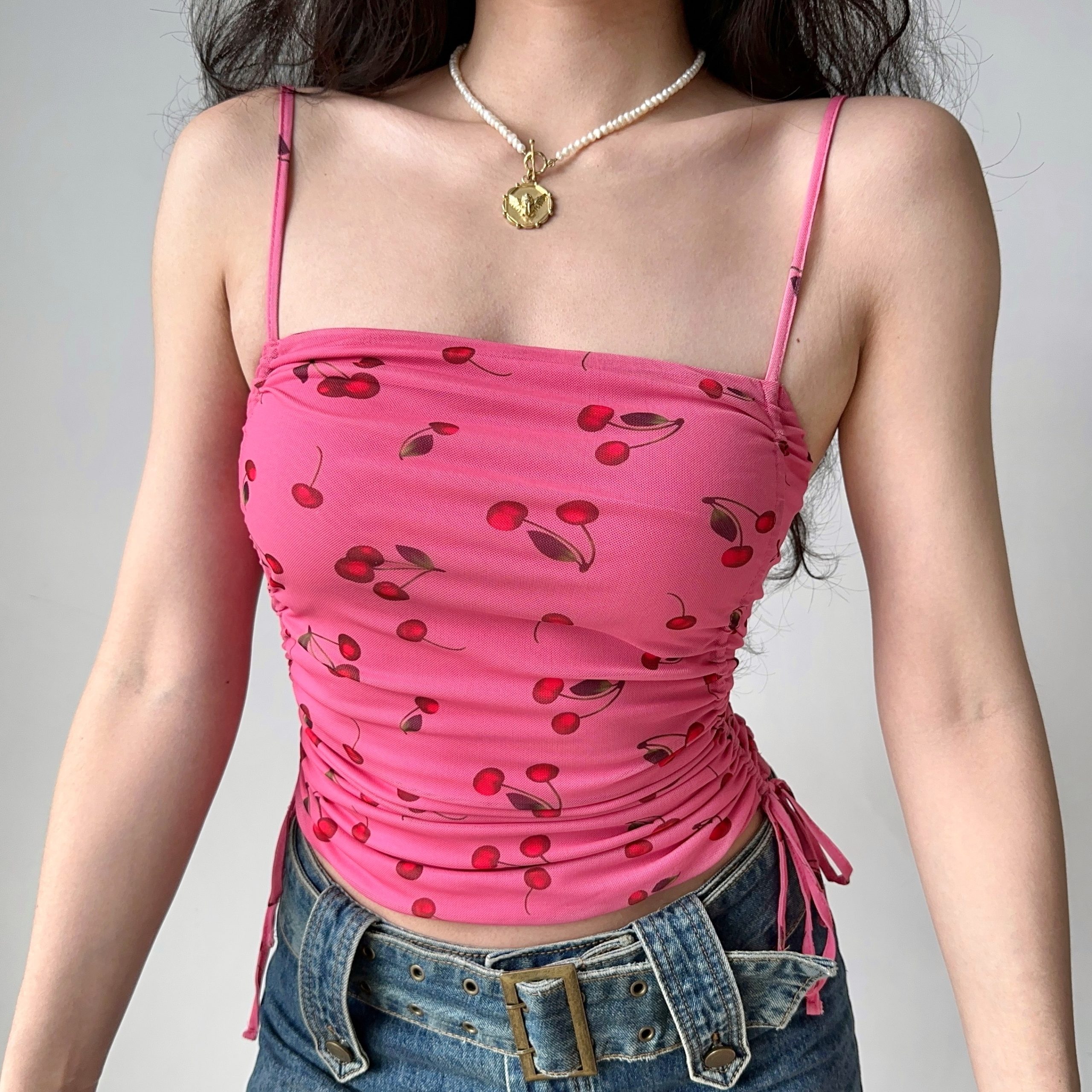 Cherry Print Pleated Cami Top for Women - European & American Style Summer Waist-Defining Short Top - Trendy Hot Girl Fashion