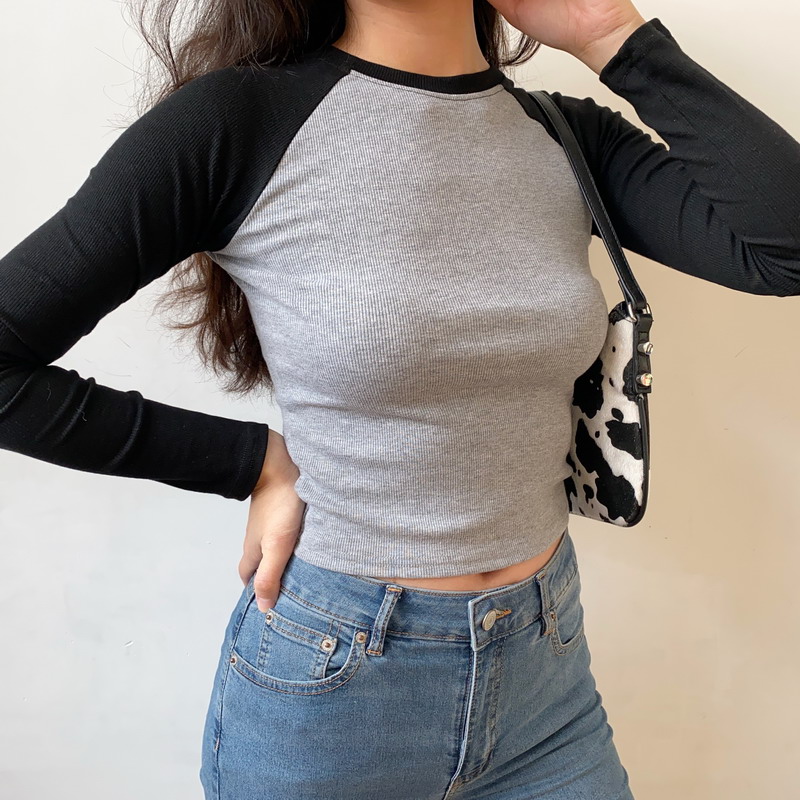 Color Block Raglan Sleeve Long Sleeve T-shirt for Women - Vintage Style Round Neck High Waist Slim Fit Top