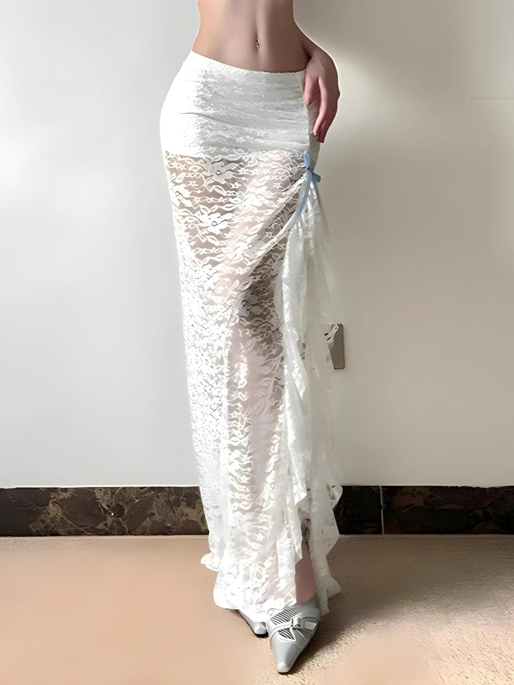 Coquette Lace Ruffled Slit Maxi Skirt Coquette Lace Ruffled Slit Maxi Skirt