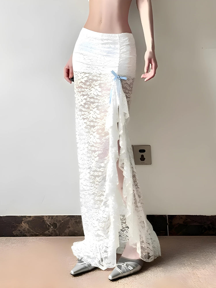 Coquette Lace Ruffled Slit Maxi Skirt Coquette Lace Ruffled Slit Maxi Skirt