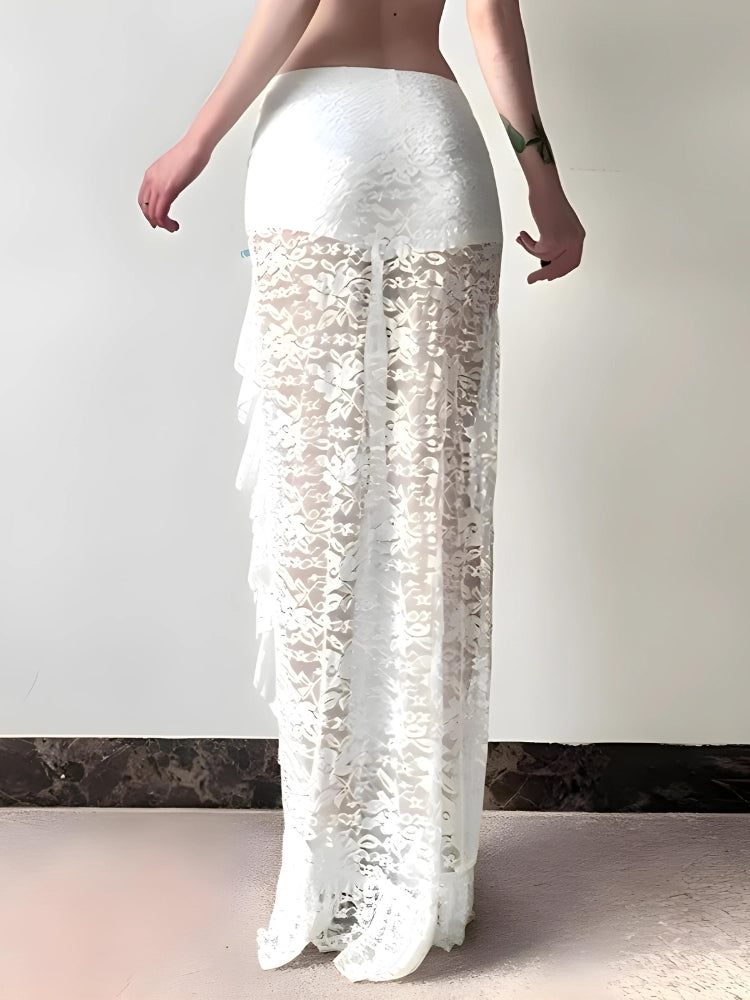 Coquette Lace Ruffled Slit Maxi Skirt Coquette Lace Ruffled Slit Maxi Skirt