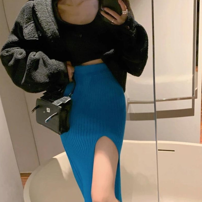 Corduroy Knitted Split Midi Skirt Corduroy Knitted Split Midi Skirt