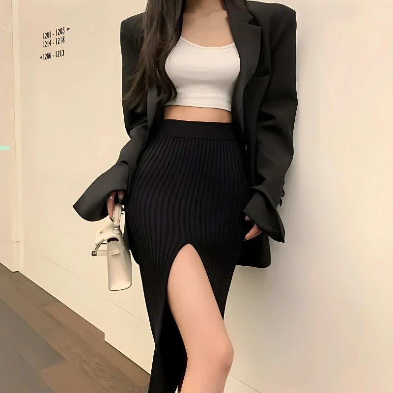 Corduroy Knitted Split Midi Skirt Corduroy Knitted Split Midi Skirt