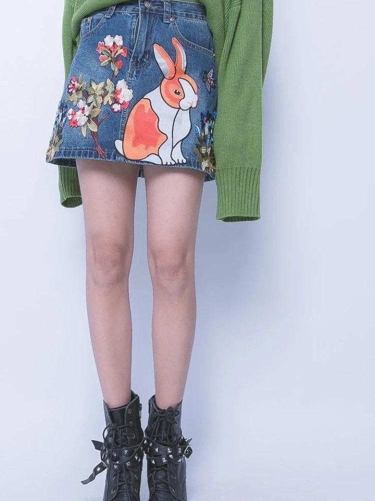 Cute Rabbit Denim Mini Skirt Cute Rabbit Denim Mini Skirt