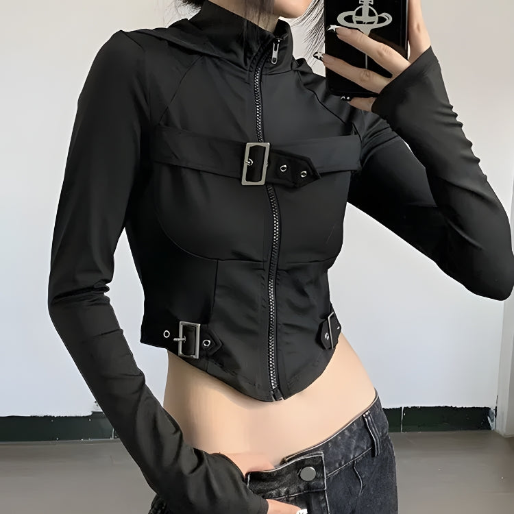 Cyberpunk Belted Zip-Up Crop Jacket Cyberpunk Belted Zip-Up Crop Jacket