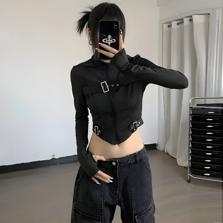 Cyberpunk Belted Zip-Up Crop Jacket Cyberpunk Belted Zip-Up Crop Jacket