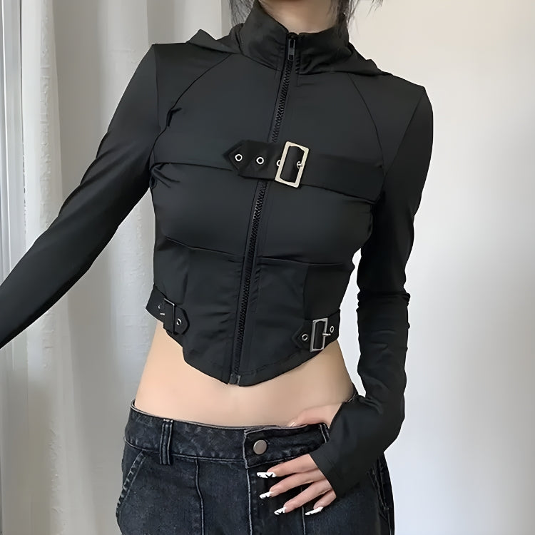 Cyberpunk Belted Zip-Up Crop Jacket Cyberpunk Belted Zip-Up Crop Jacket