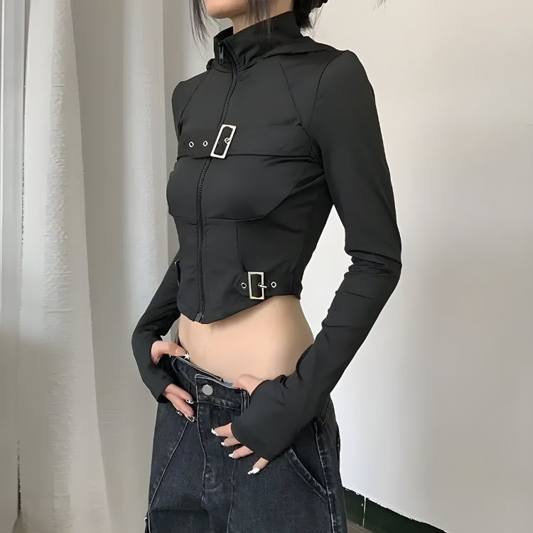 Cyberpunk Belted Zip-Up Crop Jacket Cyberpunk Belted Zip-Up Crop Jacket