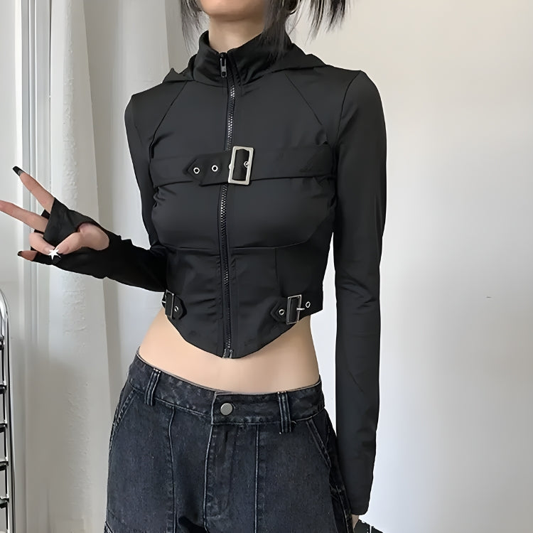 Cyberpunk Belted Zip-Up Crop Jacket Cyberpunk Belted Zip-Up Crop Jacket