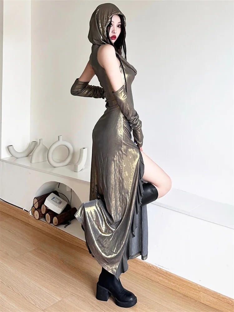 Cyberpunk Metallic Hooded Midi Dress Cyberpunk Metallic Hooded Midi Dress