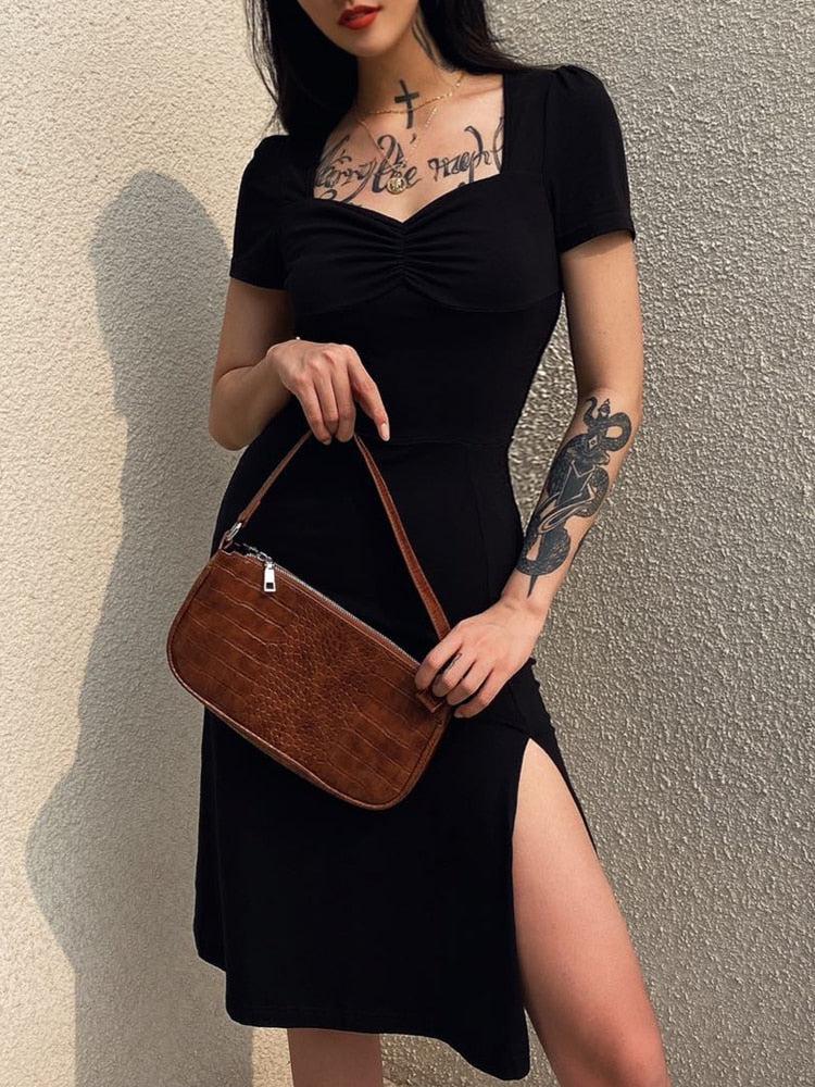 Dark Academia Leg Split Midi Dress Dark Academia Leg Split Midi Dress