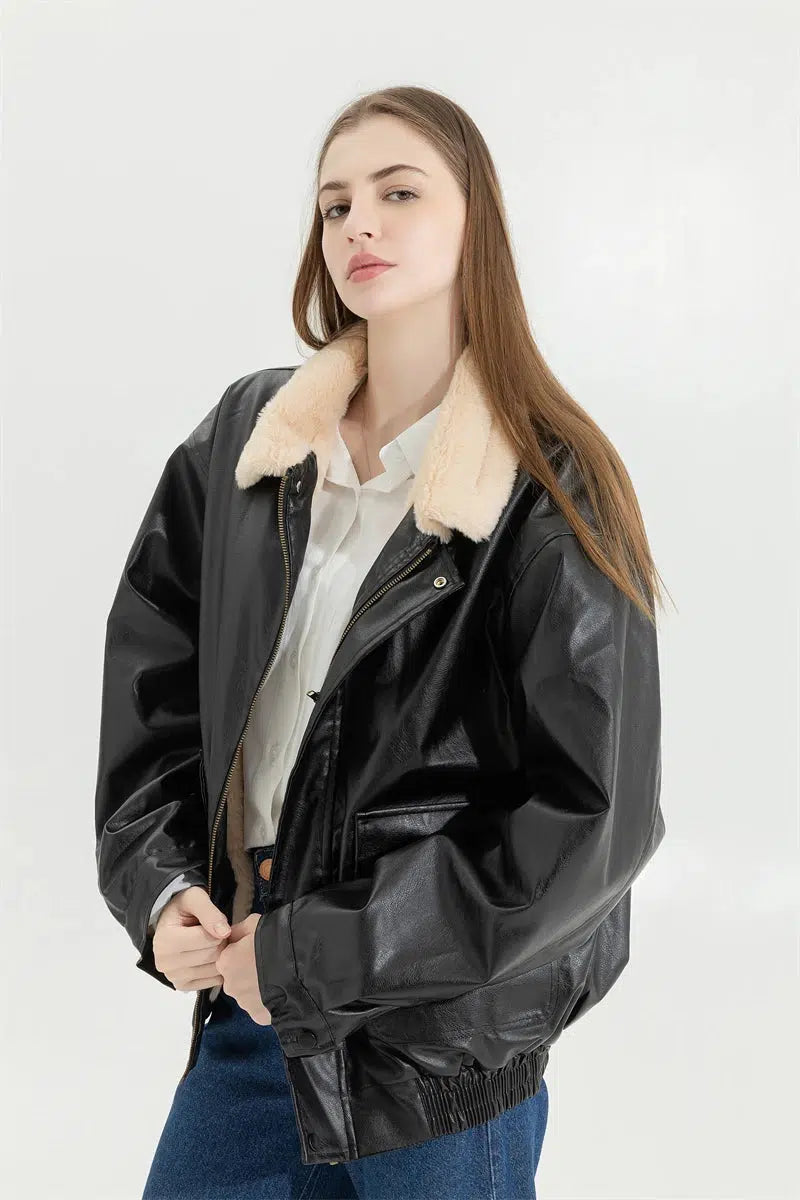 Double-Faced Faux Leather & Fur Jacket Double-Faced Faux Leather & Fur Jacket