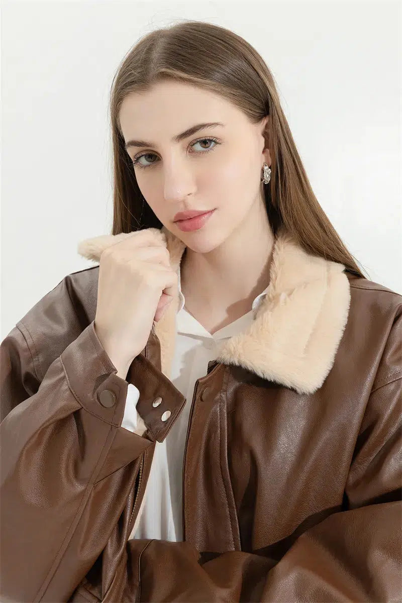 Double-Faced Faux Leather & Fur Jacket Double-Faced Faux Leather & Fur Jacket