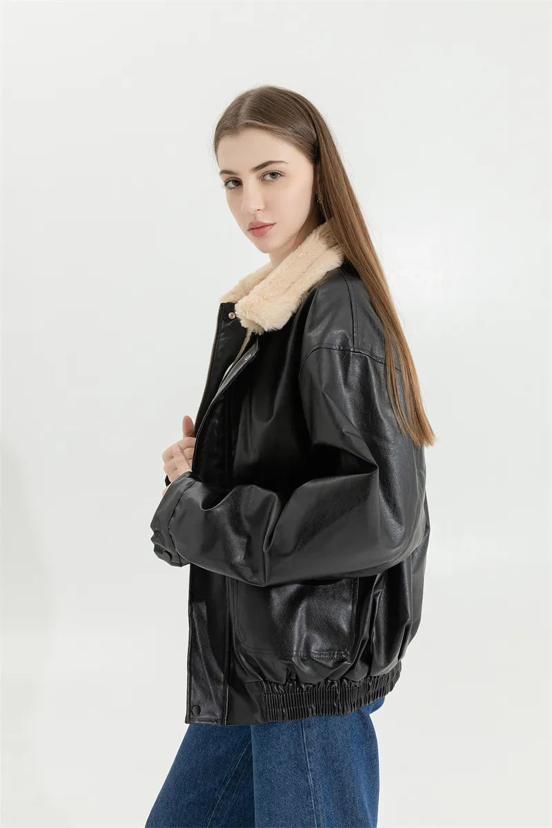 Double-Faced Faux Leather & Fur Jacket Double-Faced Faux Leather & Fur Jacket