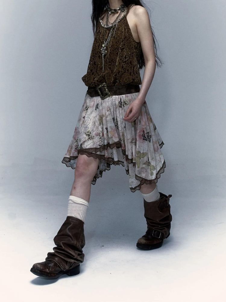 Fairy Grunge Floral Asymmetric Midi Skirt Fairy Grunge Floral Asymmetric Midi Skirt