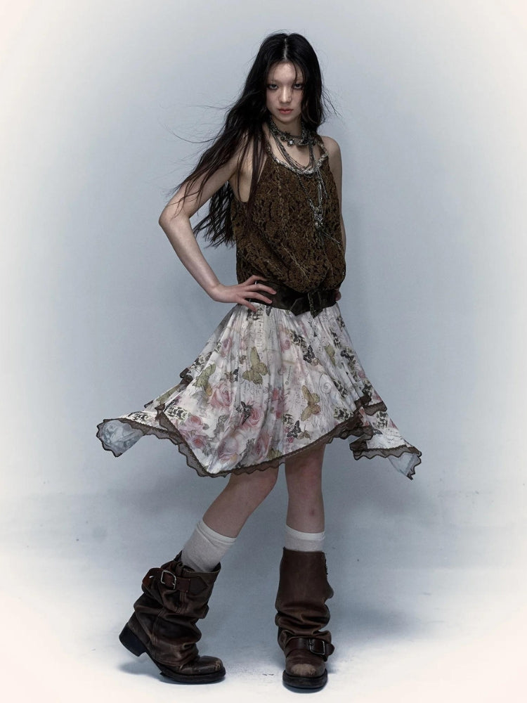 Fairy Grunge Floral Asymmetric Midi Skirt Fairy Grunge Floral Asymmetric Midi Skirt