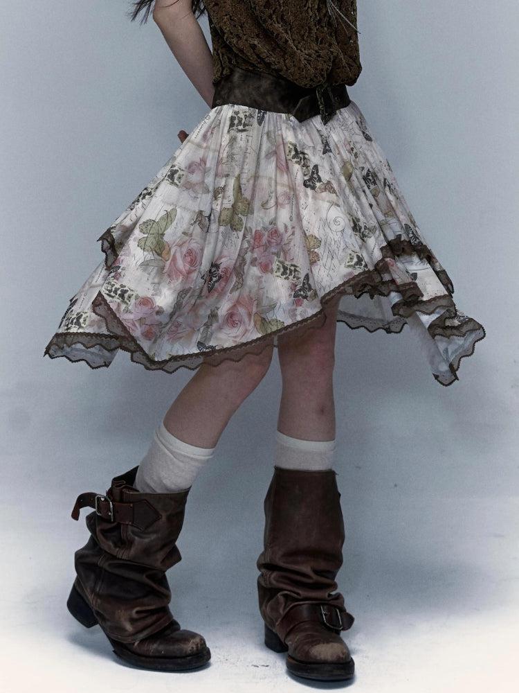 Fairy Grunge Floral Asymmetric Midi Skirt Fairy Grunge Floral Asymmetric Midi Skirt