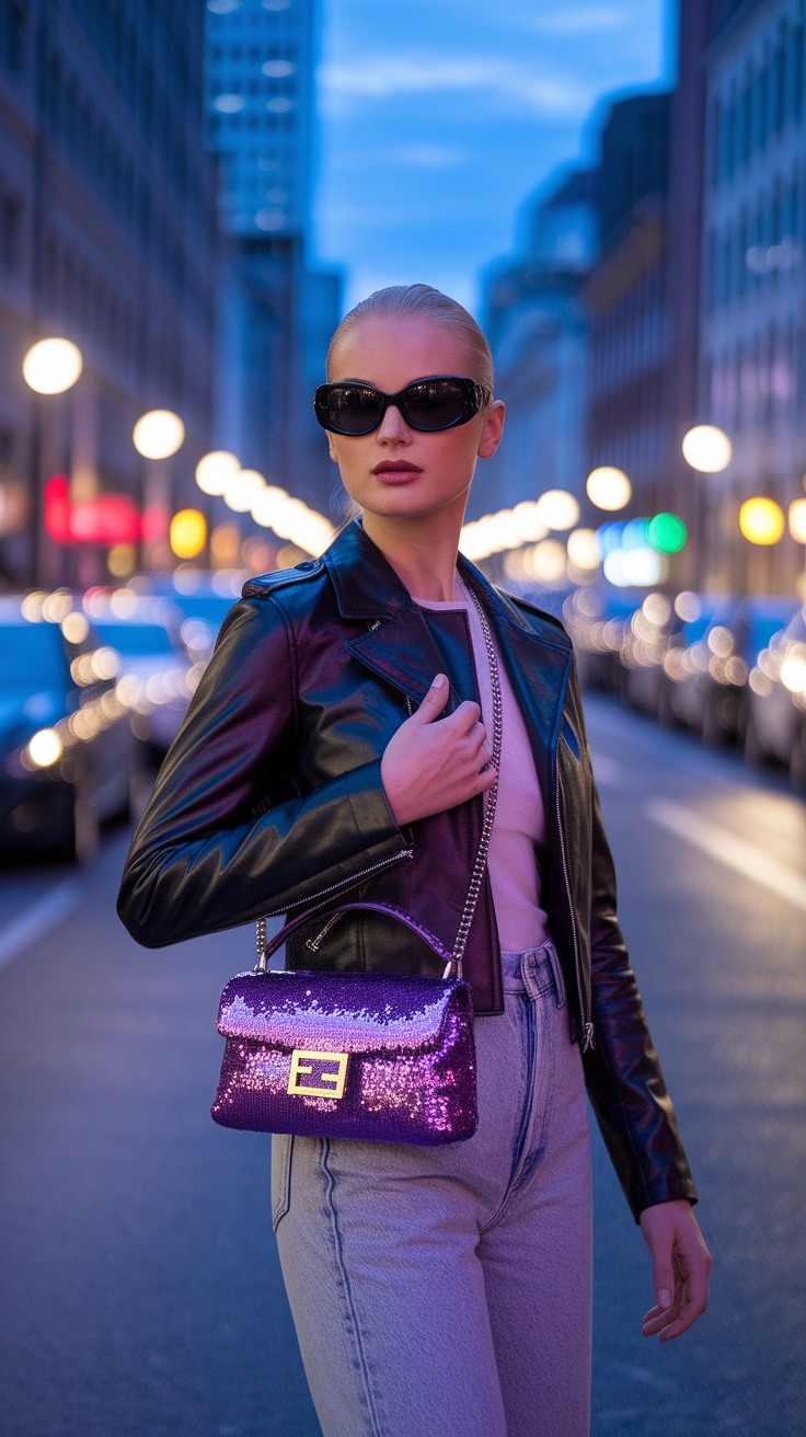 Elevate Your Look with Fendi Purple Sequin Baguette outfit idea