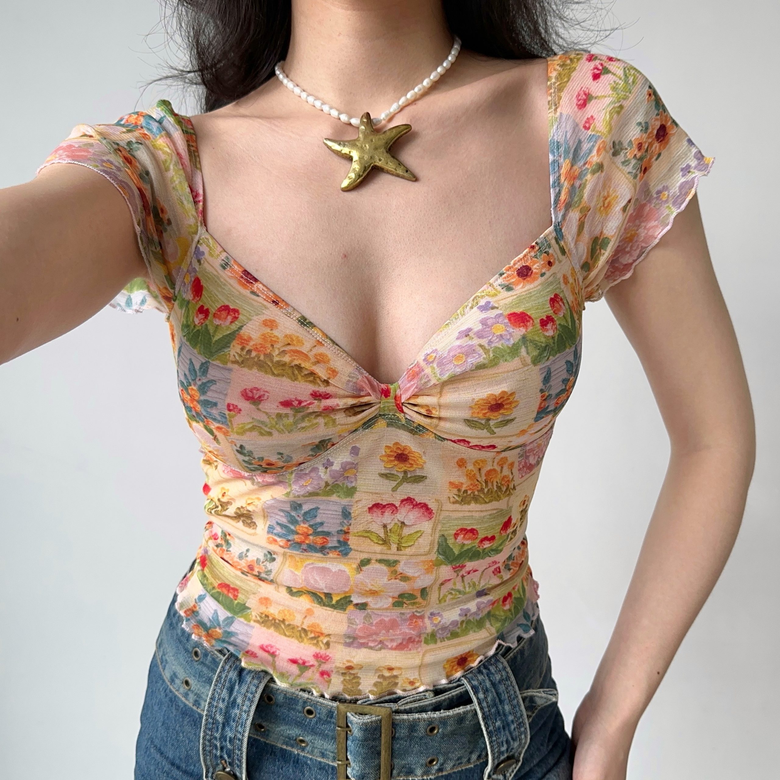 Floral Print V-Neck T-Shirt for Women - Summer Lace Mesh Short Sleeve Top in European American Style, Perfect for 90s and Y2K Fashion