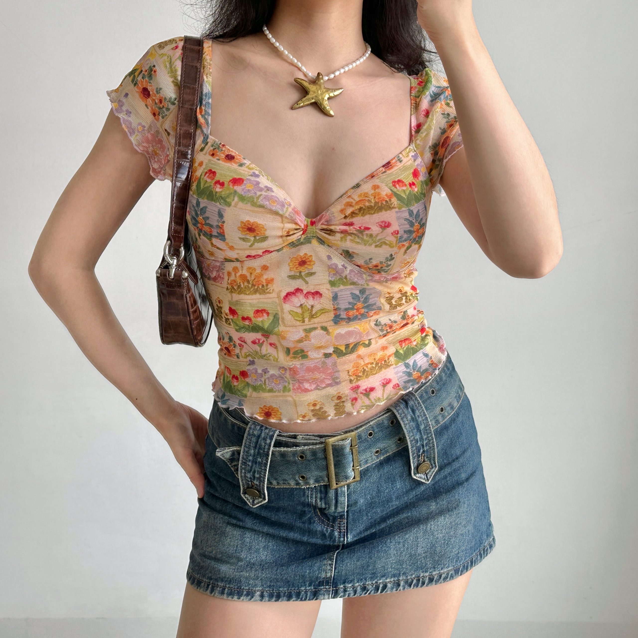 Floral Print V-Neck T-Shirt for Women - Summer Lace Mesh Short Sleeve Top in European American Style, Perfect for 90s and Y2K Fashion