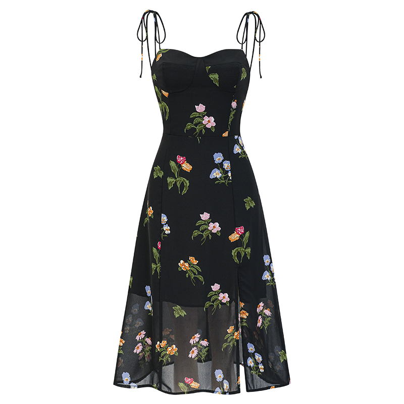 French Vintage Beach Resort Printed Spaghetti Strap Dress for Women - High Waist A-Line Long Skirt, Ideal for Summer Getaways