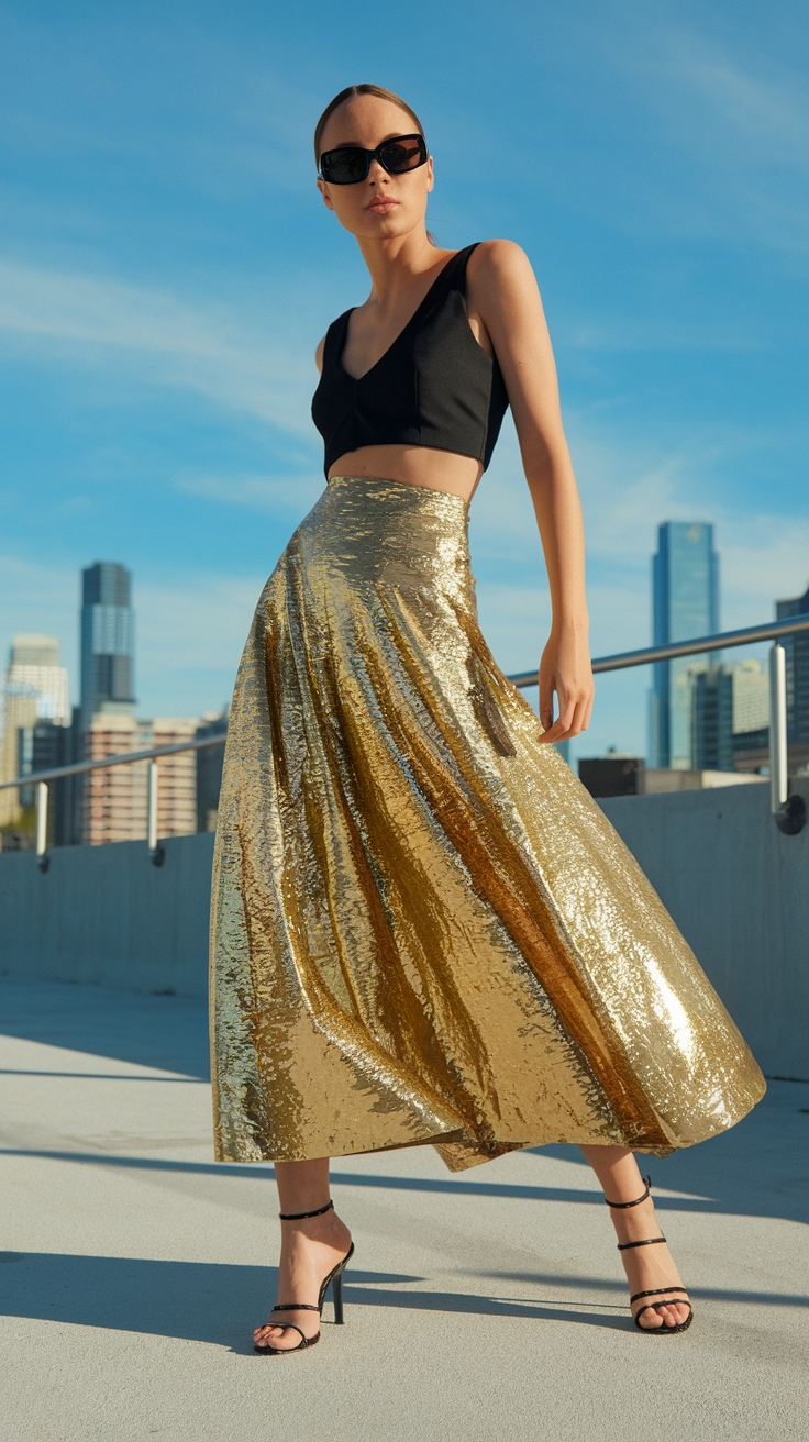 Gold Metallic Skirt: Elevate Your Evening Wear outfit idea