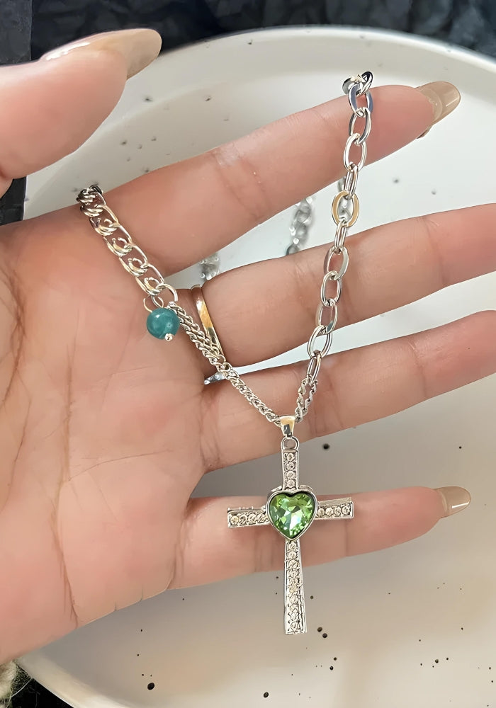 Goth Shiny Heart Cross Necklace Goth Shiny Heart Cross Necklace