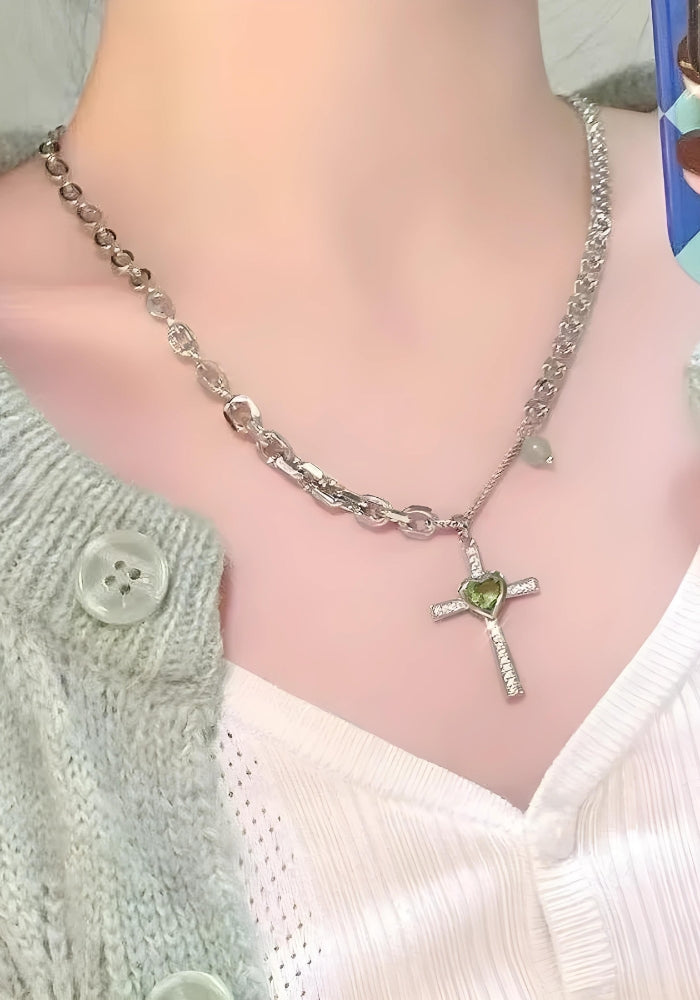 Goth Shiny Heart Cross Necklace Goth Shiny Heart Cross Necklace