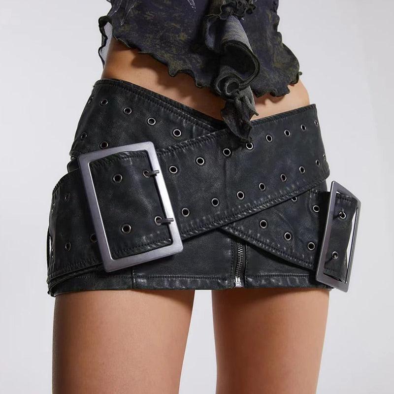 Grunge Cross Belt Faux Leather Mini Skirt Grunge Cross Belt Faux Leather Mini Skirt