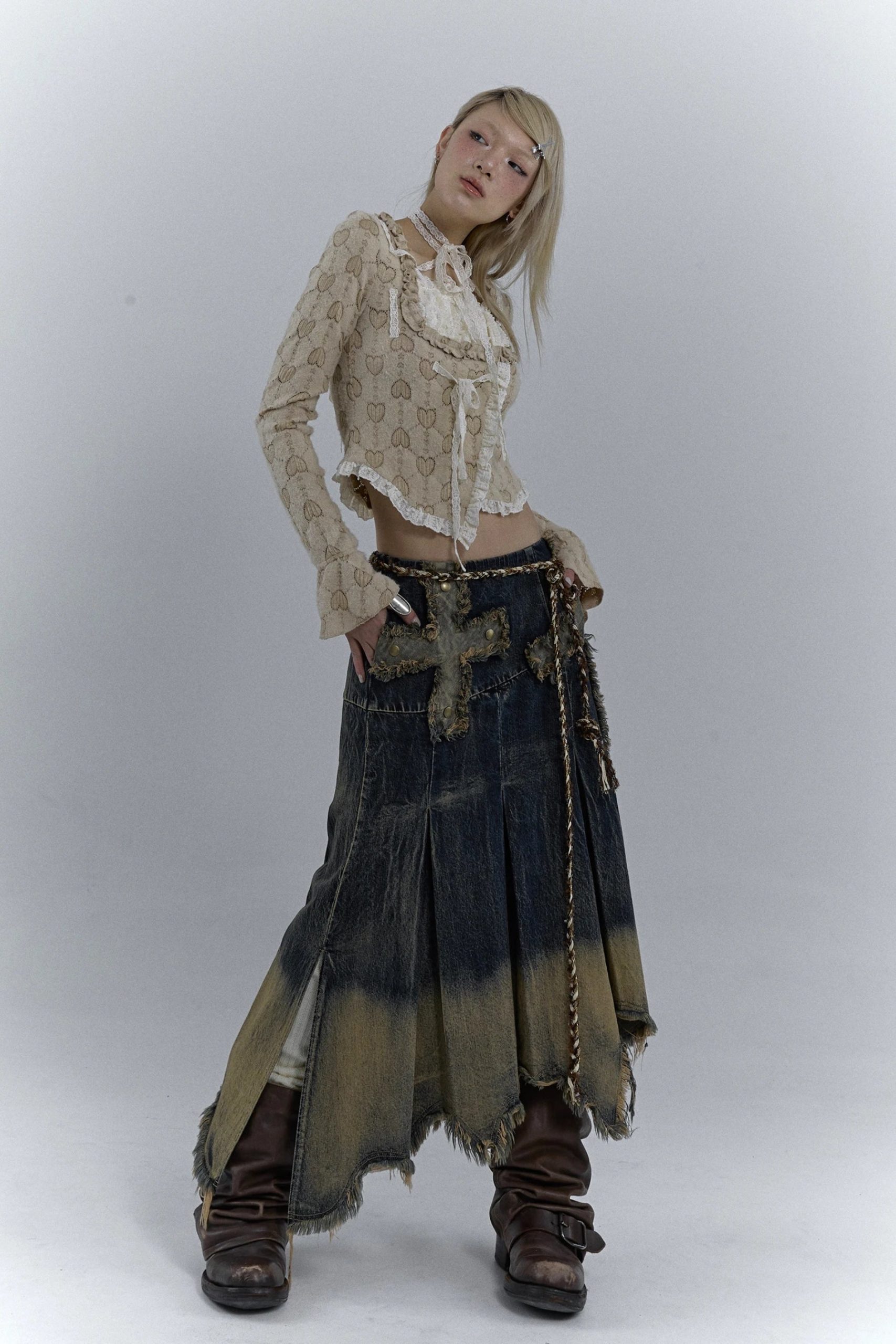 Grunge Cross Patch Pleated Maxi Skirt Grunge Cross Patch Pleated Maxi Skirt
