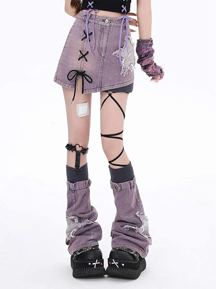 Grunge Denim Mini Skirt & Leg Warmers Two Piece Set Grunge Denim Mini Skirt & Leg Warmers Two Piece Set
