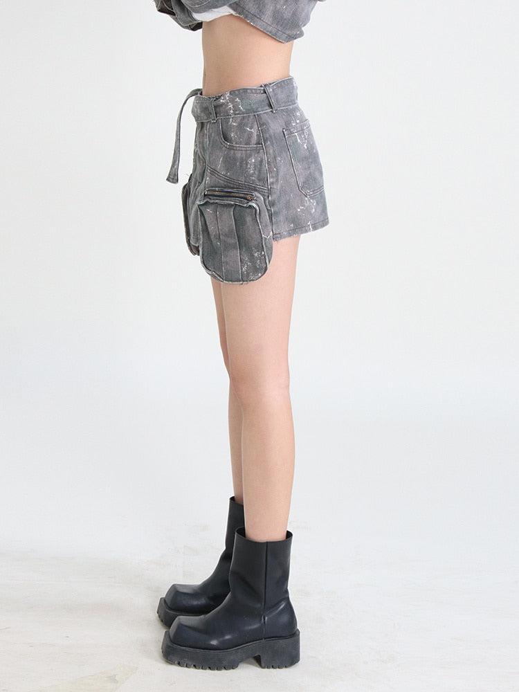 Grunge Distressed Cargo Denim Mini Skirt Grunge Distressed Cargo Denim Mini Skirt