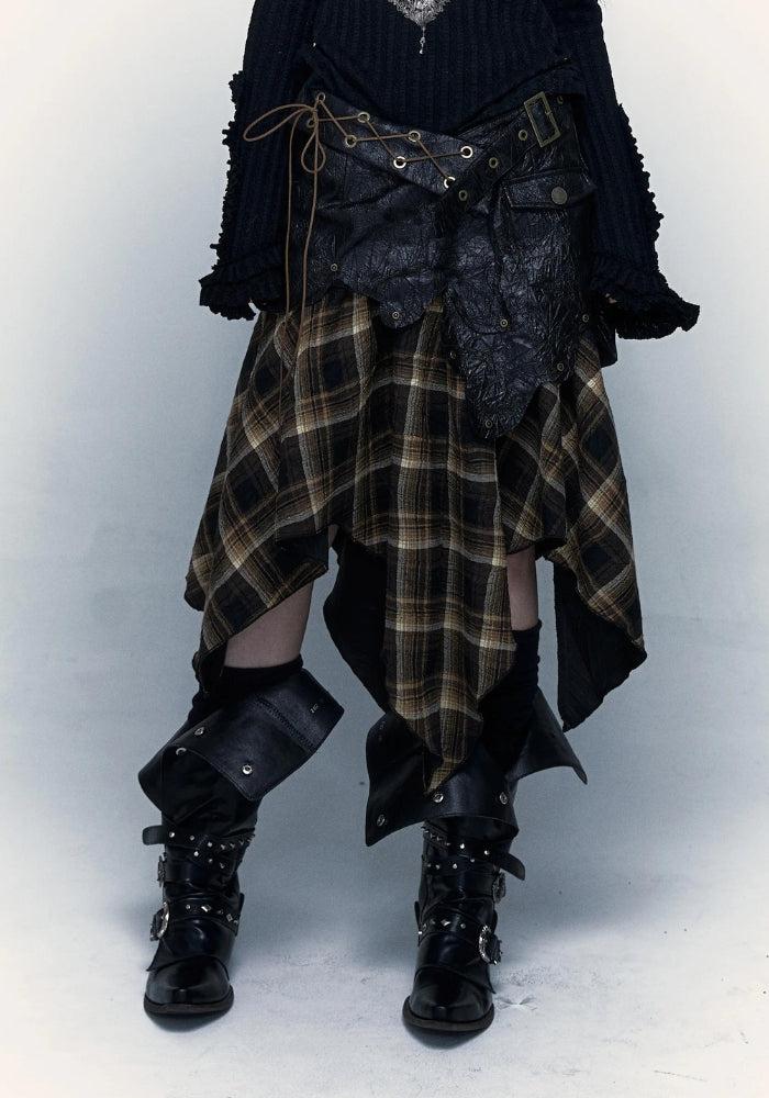Grunge Faux Leather Plaid Midi Skirt Grunge Faux Leather Plaid Midi Skirt