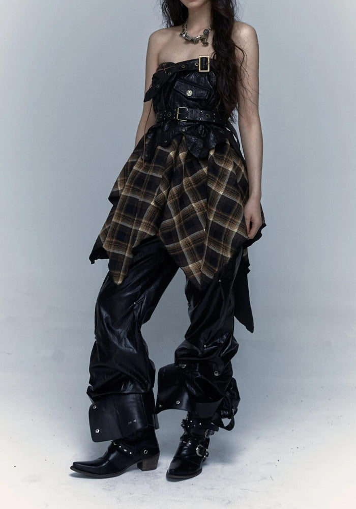 Grunge Faux Leather Plaid Midi Skirt Grunge Faux Leather Plaid Midi Skirt