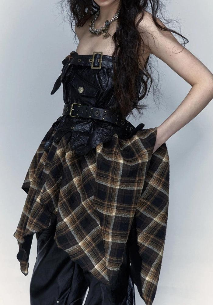 Grunge Faux Leather Plaid Midi Skirt Grunge Faux Leather Plaid Midi Skirt