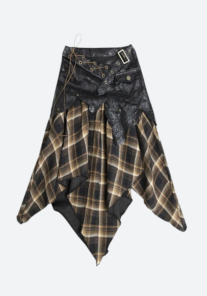 Grunge Faux Leather Plaid Midi Skirt Grunge Faux Leather Plaid Midi Skirt