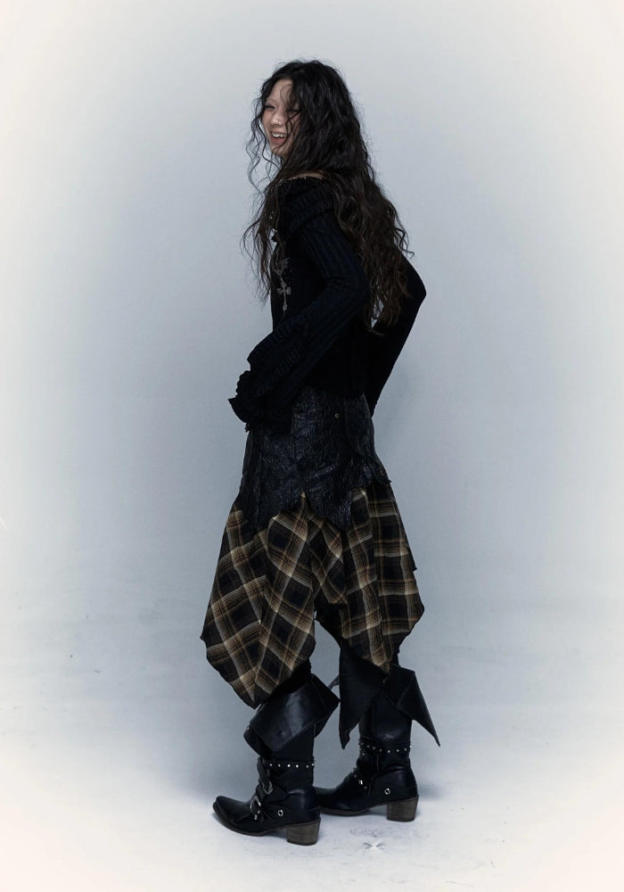 Grunge Faux Leather Plaid Midi Skirt Grunge Faux Leather Plaid Midi Skirt
