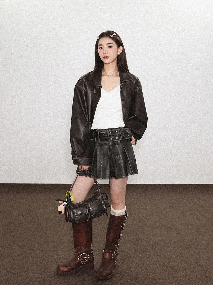 Grunge Faux Leather Pleated Mini Skirt Grunge Faux Leather Pleated Mini Skirt