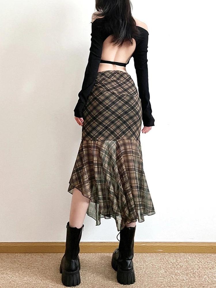 Grunge Plaid Mesh Midi Skirt Grunge Plaid Mesh Midi Skirt