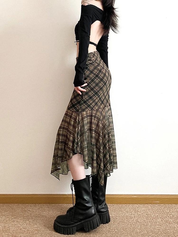 Grunge Plaid Mesh Midi Skirt Grunge Plaid Mesh Midi Skirt