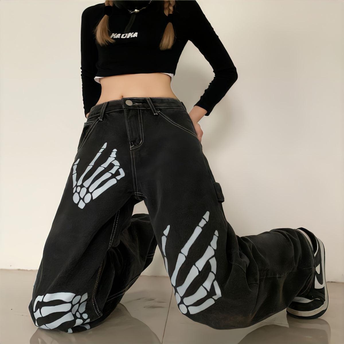 Grunge Skeleton Hand Printed Jeans Grunge Skeleton Hand Printed Jeans