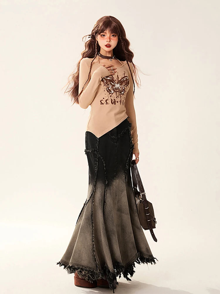 Grunge Tasseled Patch Maxi Skirt Grunge Tasseled Patch Maxi Skirt