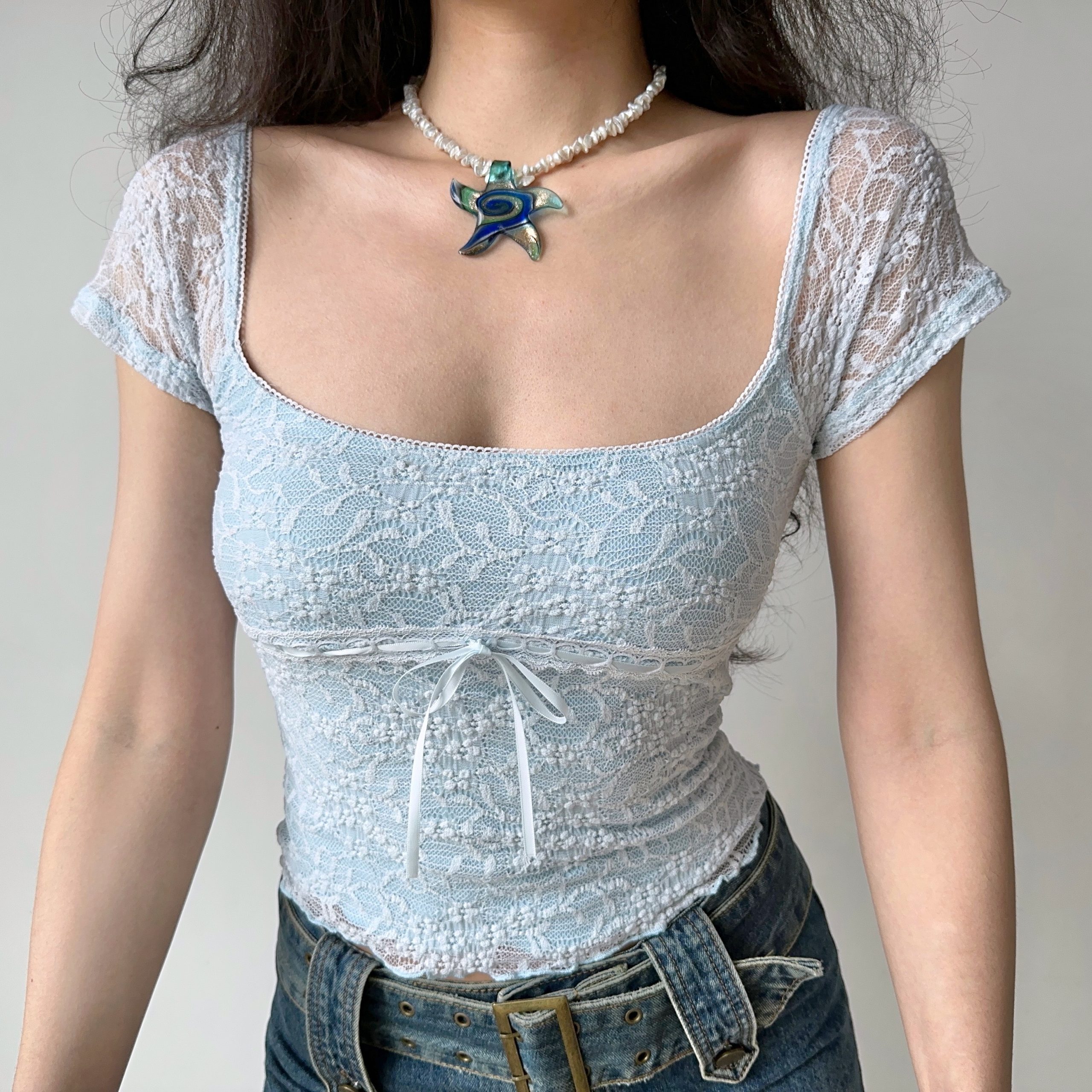 Hollow Lace Trim Square Neck Short Sleeve T-Shirt for Women - Summer Slim Fit Top in European & American Style Hollow Lace Trim Square Neck Short Sleeve T-Shirt for Women - Summer Slim Fit Top in European & American Style