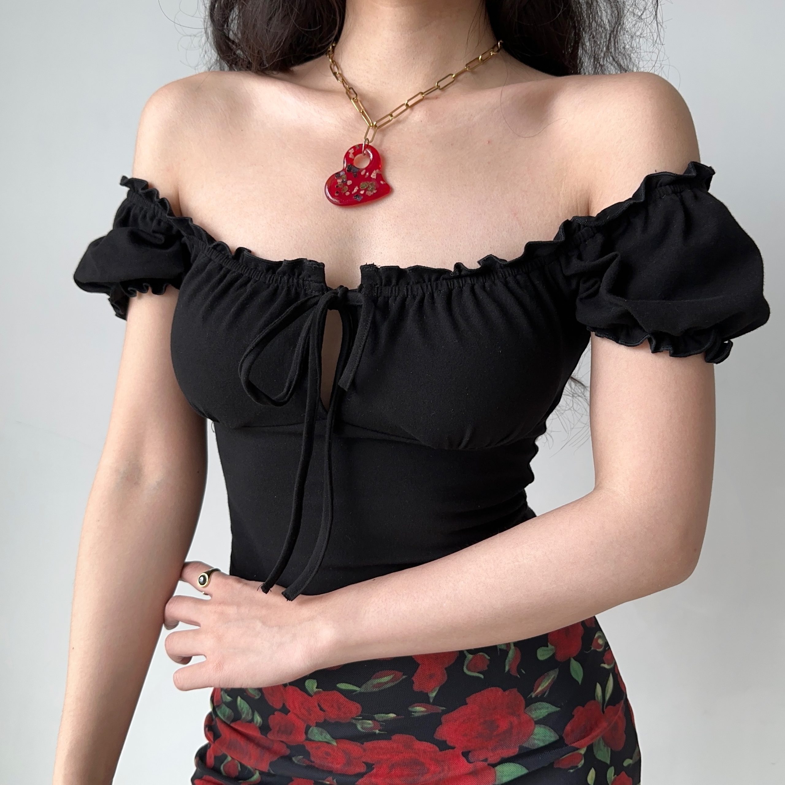 Hollow-Out Lace-Up Square Neck Puff Sleeve Short Sleeve T-Shirt for Women - Slim Fit European American Style Fashion Top Hollow-Out Lace-Up Square Neck Puff Sleeve Short Sleeve T-Shirt for Women - Slim Fit European American Style Fashion Top